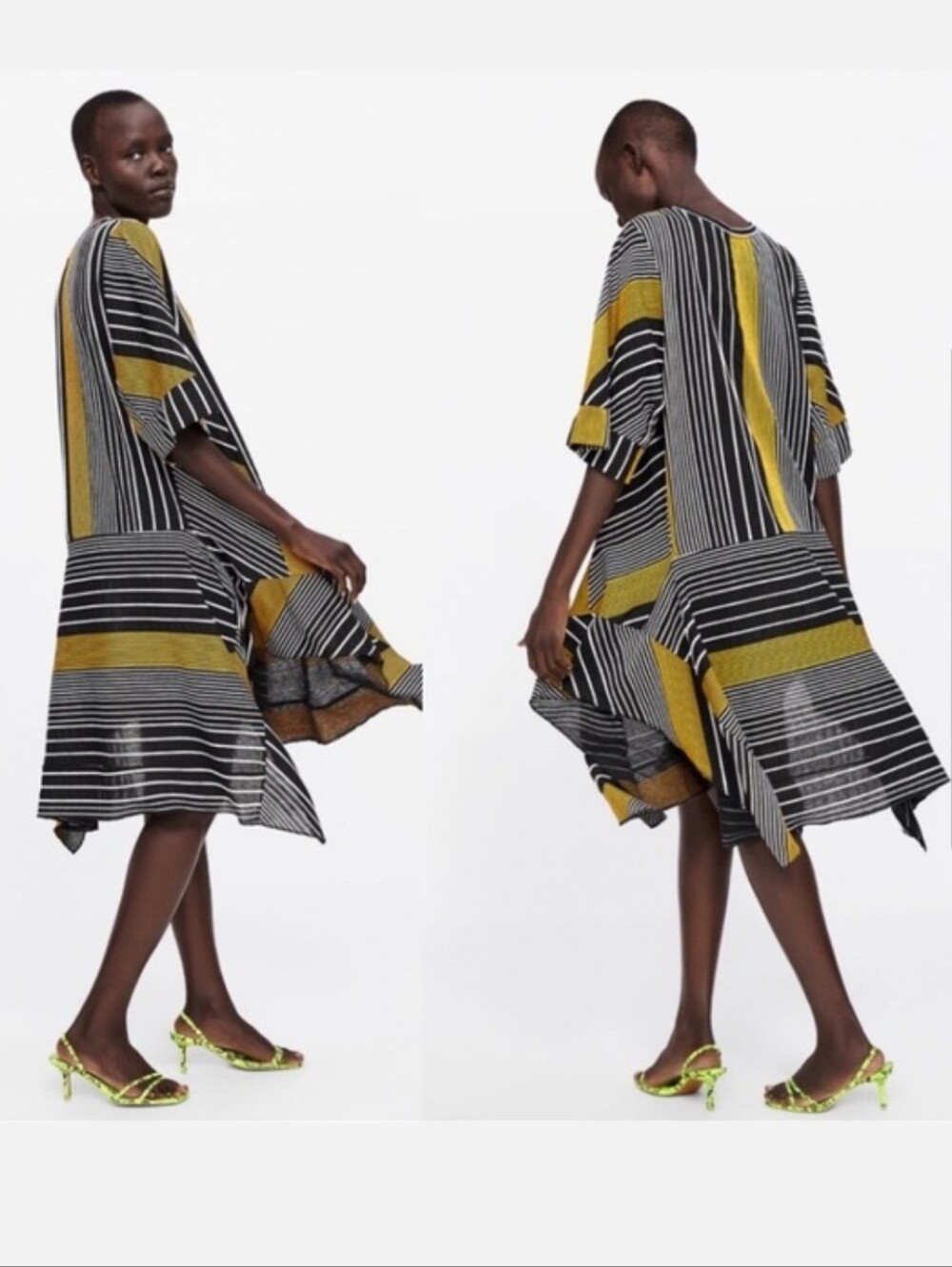 Striped Oversized Midi Dress in Black and Mustard